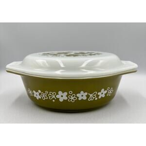 Vintage PYREX 043 Green Spring Blossom Glass Casserole & Lid 1.5 Qt